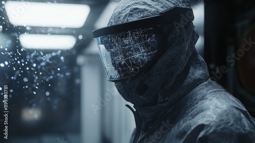 A focused shot of a workers profile the AR visor displaying a 3D map of the factory layout with highlighted escape routes and emergency exits all while wearing standard protective gear.