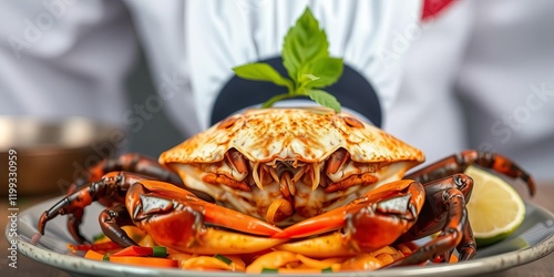 chef presenting Thai spicy crab papaya salad dish in a modern kitchen setting, cooking, lao isan photo