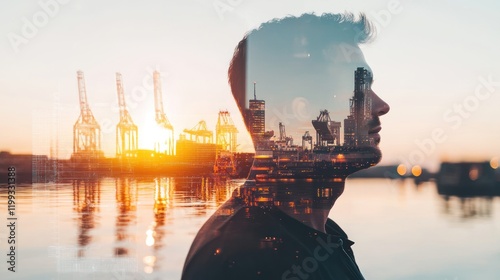 Cityscape Within: A Man's Silhouette at Sunset Overlooking the Port, A Double Exposure Masterpiece photo