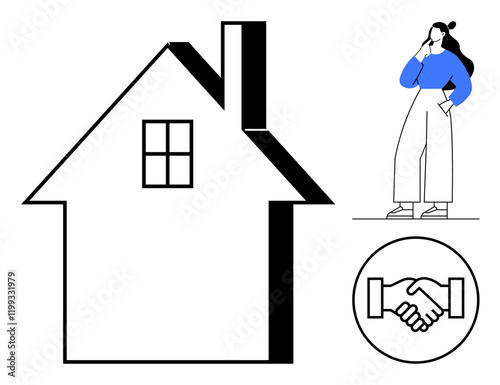 Woman thinking, large house outline, handshake icon. Ideal for real estate, home buying, decision making, agreement, negotiation investment homeownership. Black white blue abstract line flat