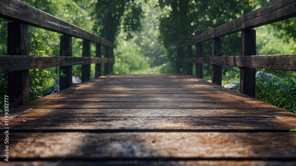 Serene Wooden Bridge Pathway in Lush Green Forest Serene Wooden Bridge Pathway in Lush Green Forest