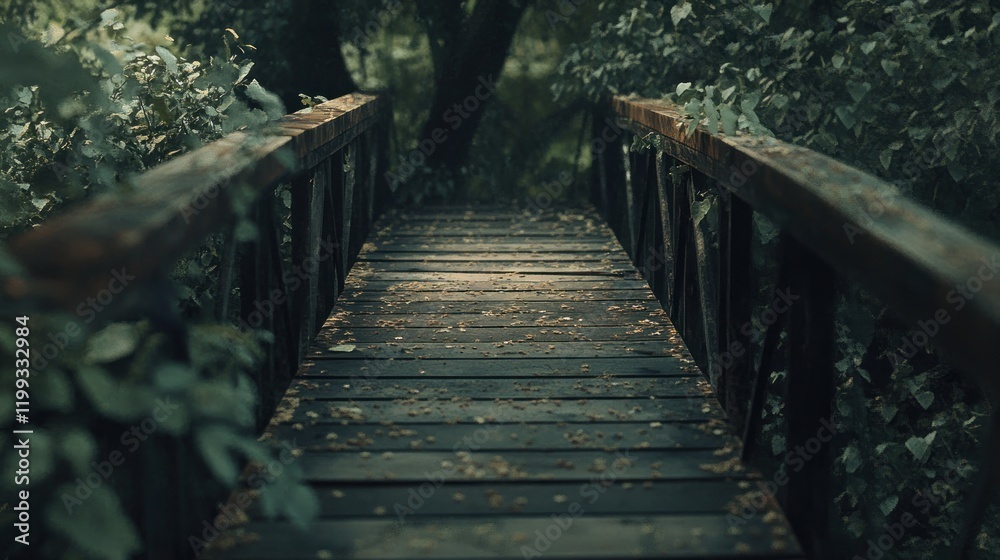 Obraz premium Enigmatic Wooden Bridge in a Lush Green Forest