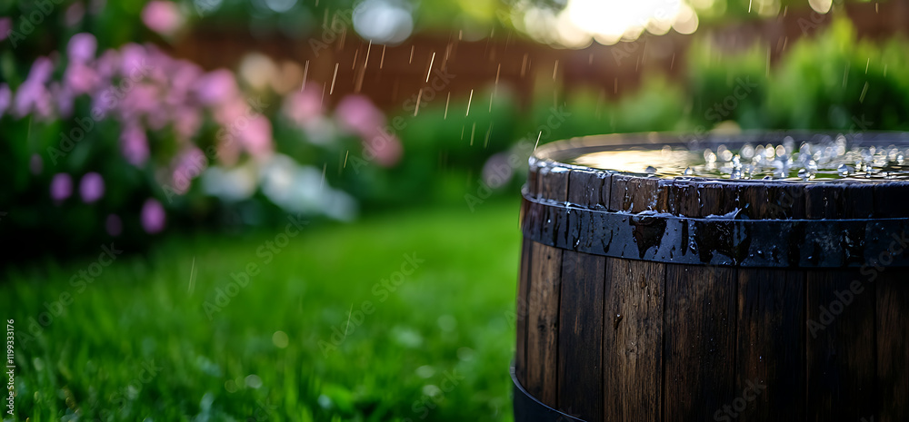 Rainwater collection barrel in a garden. Rainwater collection barrel in a garden.