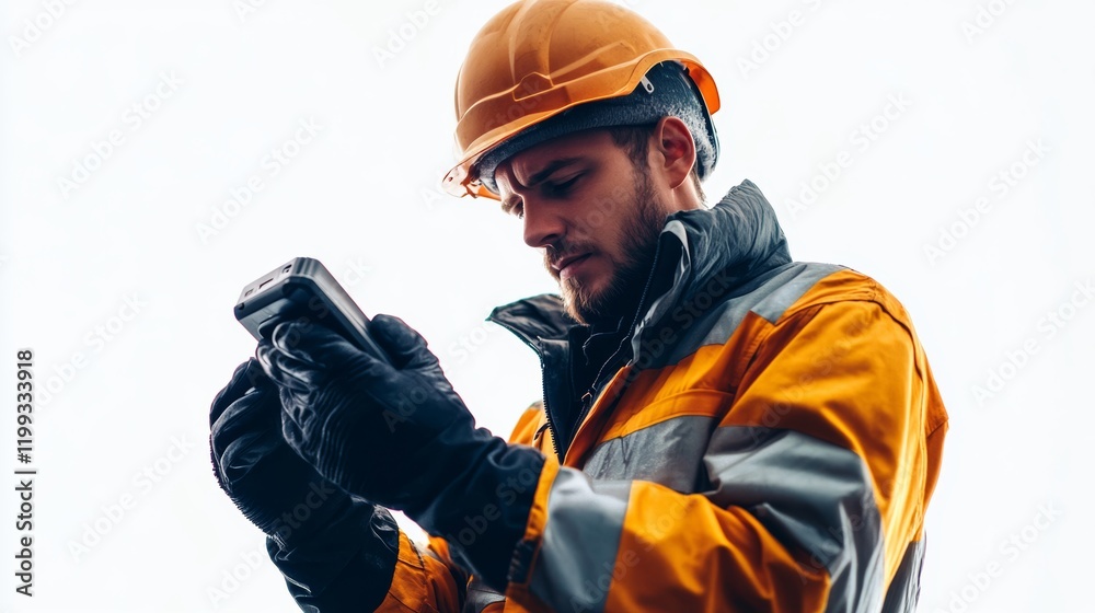 Fototapeta premium A mining worker analyzing minerals with a handheld scanner, isolated on a seamless white background,