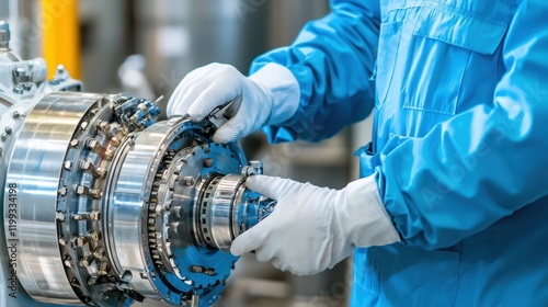 Aircraft engine repair by technician in industrial environment close-up view of precision work