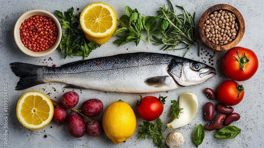 Overhead of clean eating foods: fish, vegetables, legumes, and fruits, arranged for a healthy lifestyle banner with room for copy Overhead of clean eating foods: fish, vegetables, legumes, and fruits, arranged for a healthy lifestyle banner with room for copy