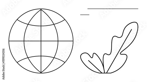 Globe with meridians and parallels next to a simple leaf and two lines. Ideal for themes of global connection, nature, growth, environmental awareness, simplicity, balance, and ecological design