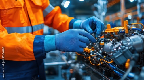 Aircraft engine repair by technician in workshop industrial environment focused viewpoint on precision work