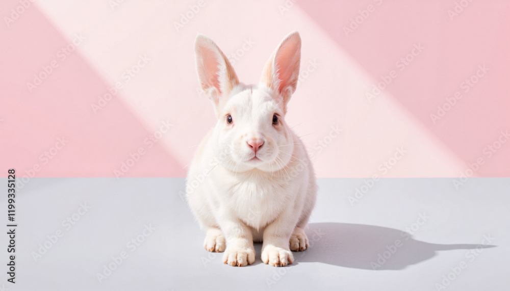 Obraz premium Adorable White Bunny on Minimalist Pink Background – Perfect for Easter or Spring Branding