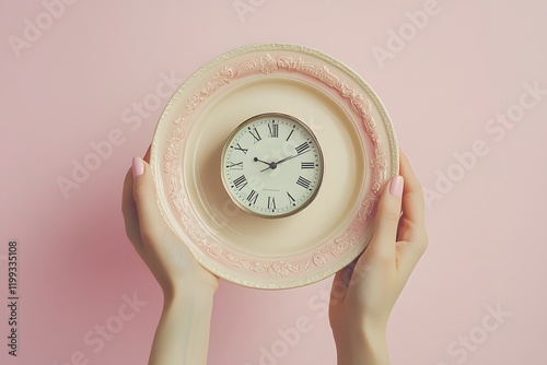 Concept of intermittent fasting shown with clock on an elegant plate. Generative AI