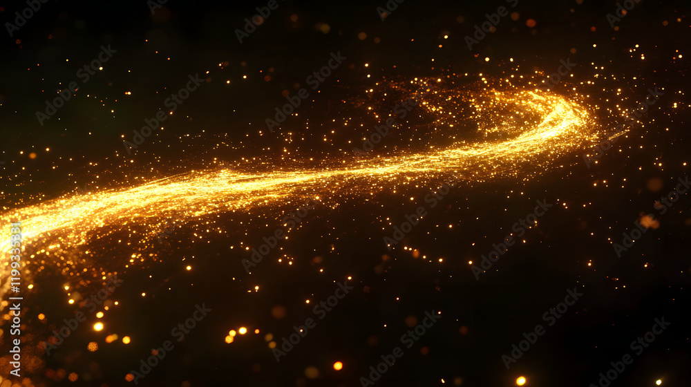 Obraz premium Golden sparkling particles swirl in a glowing curved trail. Ideal for concepts related to magic, fantasy, celebration, and energy.