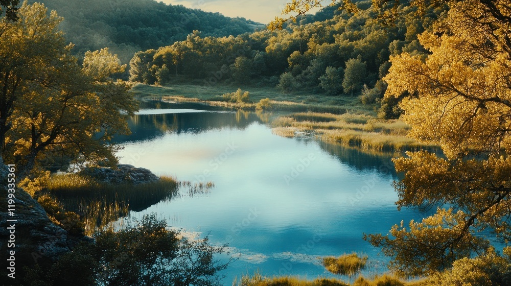 Fototapeta premium Serene Lakeside Escape: Tranquil Reflections in a Picturesque Forest