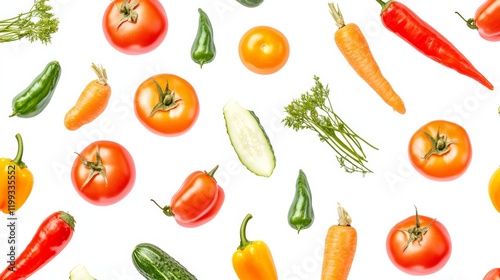 Wallpaper Mural A mix of colorful vegetables, including carrots, tomatoes, and bell peppers, carefully laid out on a white transparent background, Torontodigital.ca