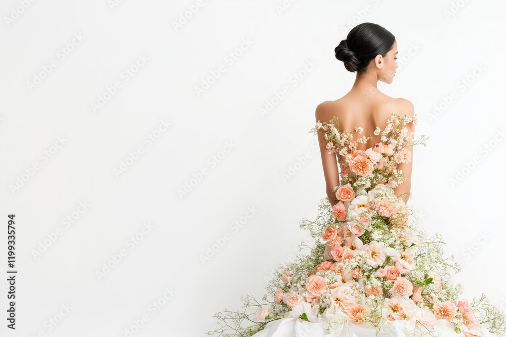 Fototapeta premium A woman is wearing a dress with flowers on it. The dress is very long and has a lot of flowers on it. The woman is standing in front of a white background