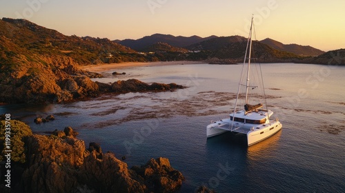 A catamaran anchored in a calm bay near a rocky shoreline under a clear sky