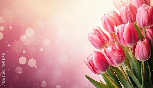 Piękne różowe Tulipany na gradientowym tle, tapeta, dekoracja. Generative AI © mycatherina