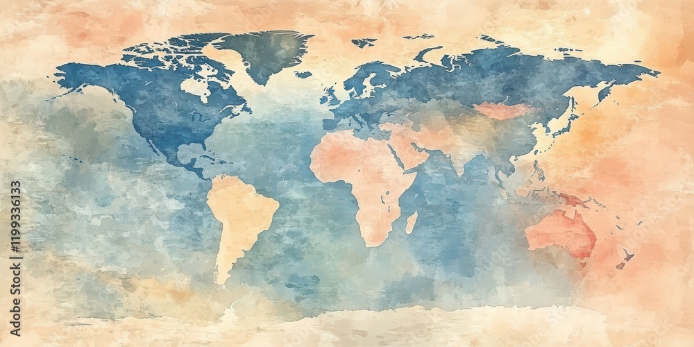 Fototapeta premium An artistic watercolor world map with soft pastel tones and subtle geographic textures, blending elegance with modern cartography