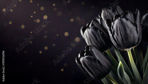 Czarne Tulipany na ciemnym tle, miejsce do wklejenia, tapeta, dekoracja. Generative AI © mycatherina