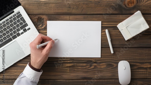 A businessmana??s hand signing a white blank checkbook on a desk with a modern laptop and wireless mouse nearby. photo