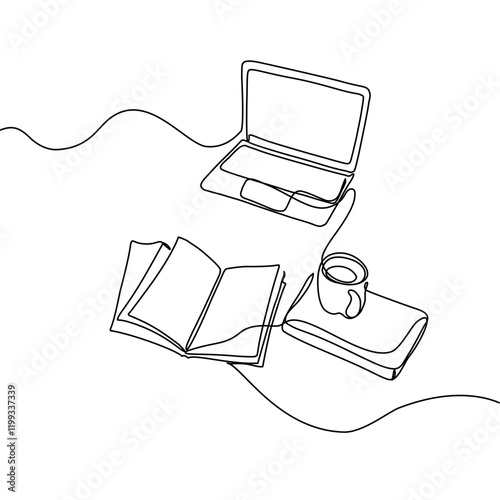 Continuous one line drawing of book and laptop. Education concept. Editable outline vector illustration.