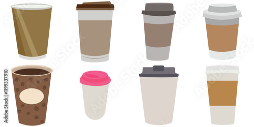 set of cardboard paper cups. Hot coffee and tea takeaway paper cup with lids. Disposable craft brown, white paper coffee and tea cup.