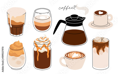 Set of Coffee Cups with Latte Art Patterns Front View. Cute rabbit, Flower and Heart foam shapes. Cafe Bar or Coffee House Graphics. Vector Illustration, Icons