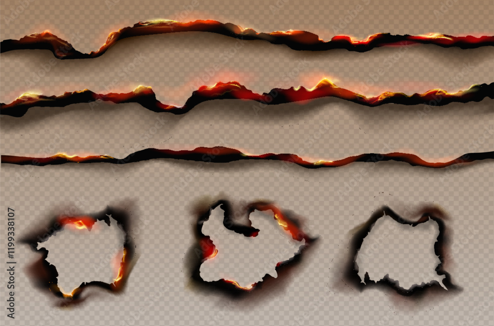 Paper burning edges. Burnt effect with flame and ash. Crisp fired fragile borders, curl, torn edges flames? burning paper holes