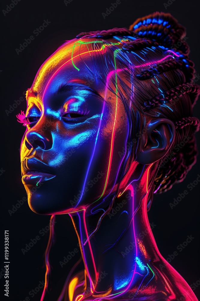 Fototapeta premium A vibrant portrait featuring a woman with colorful light effects, showcasing creativity and beauty.