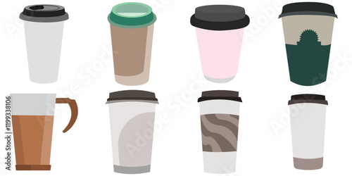 set of cardboard paper cups. Hot coffee and tea takeaway paper cup with lids. Disposable craft brown, white paper coffee and tea cup.