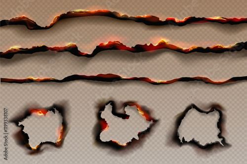Paper burning edges. Burnt effect with flame and ash. Crisp fired fragile borders, curl, torn edges flames? burning paper holes