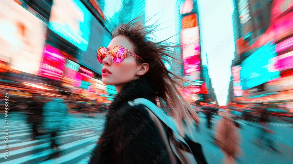Obraz premium woman in a big city, abstract photography painting, backdrop of a metropolis, movement, blurry light and bright colors. urban modern portrait