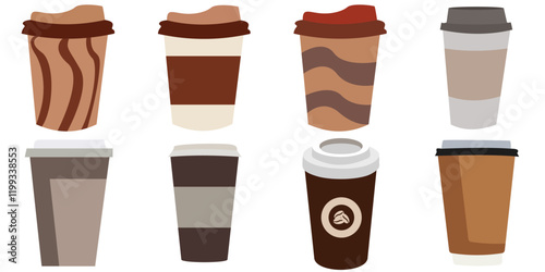 set of cardboard paper cups. Hot coffee and tea takeaway paper cup with lids. Disposable craft brown, white paper coffee and tea cup.
