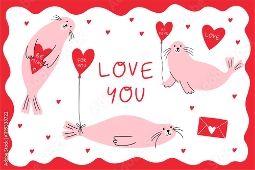 Cute cartoon Seal. Happy Valentine's Day vector card in flat style. Playful print Seal with heart