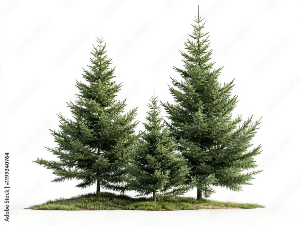 Fototapeta premium Three evergreen pine trees of varying sizes stand on a small patch of grass against white backdrop