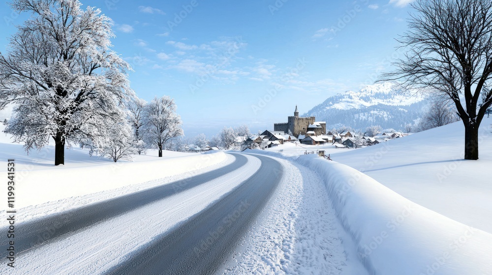 Fototapeta premium Snowy Village Road in Winter