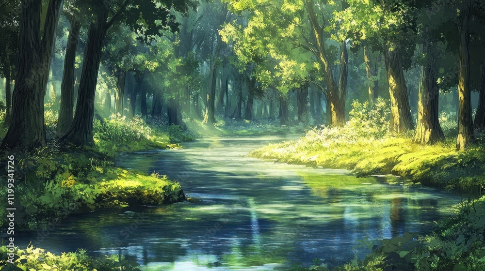 Obraz premium Enchanted Forest Stream: A Digital Painting of Serene Nature