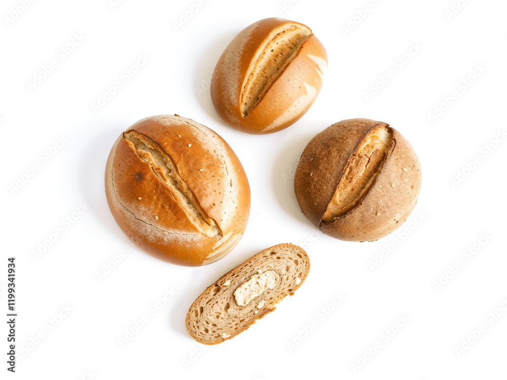 Rustic bread rolls with a crunchy crust, perfect for bakery, food, and culinary-themed designs isolated on white background. Generative AI Rustic bread rolls with a crunchy crust, perfect for bakery, food, and culinary-themed designs isolated on white background. Generative AI