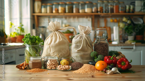A rustic wooden table showcases a zero-waste grocery haul of fresh produce, grains, and lentils stored in reusable bags and jars.