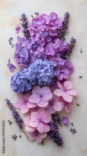 An Elegant Flat Lay of Lavender and Hydrangea Blossoms Reveling in the Scents and Colors of Summer Gardens photo