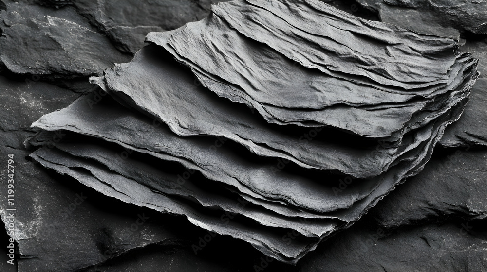 Obraz premium Abstract black and white close-up of layered slate rock texture, showing natural stone formations. Ideal for design and backgrounds.