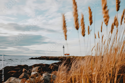 rocky shoreline with tall seagrass, distant lighthous photo