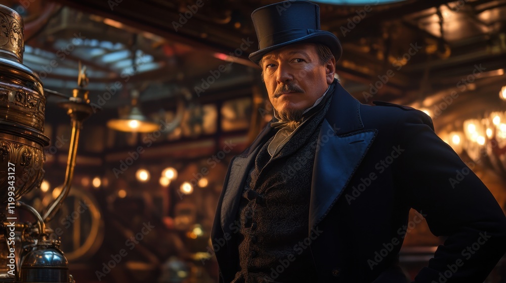 Phileas Fogg Win a Wager Day Victorian gentleman in top hat inside vintage steam train carriage Phileas Fogg Win a Wager Day Victorian gentleman in top hat inside vintage steam train carriage