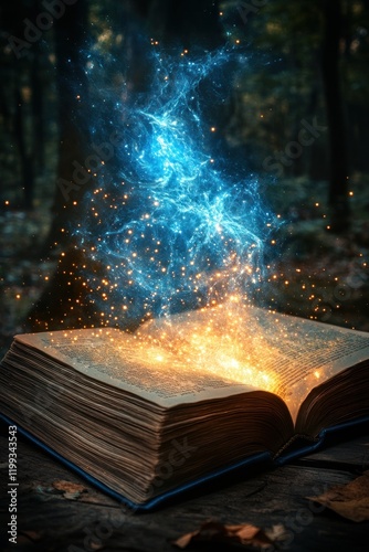 Magical book glows, mystical sparks fly.