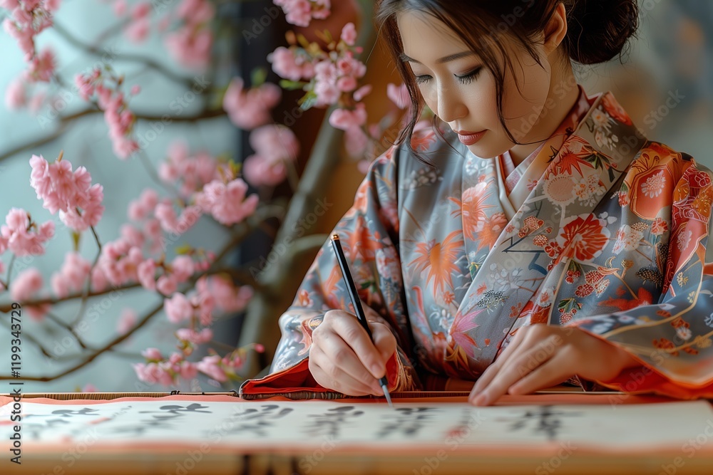 A woman in a traditional kimono gracefully writes calligraphy amidst blooming cherry blossoms. A woman in a traditional kimono gracefully writes calligraphy amidst blooming cherry blossoms.