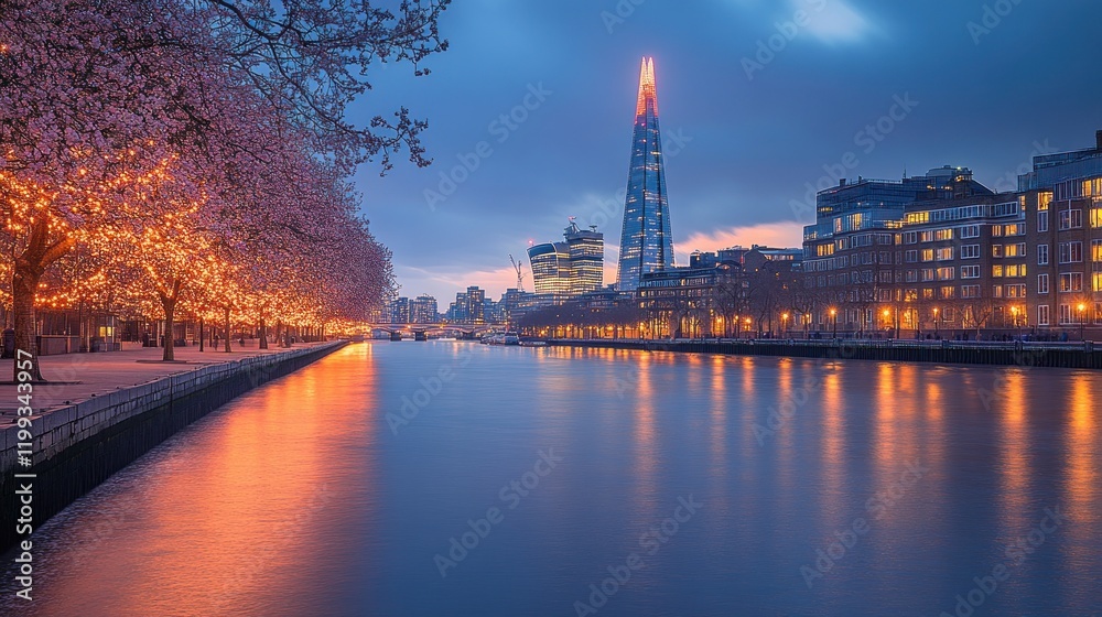 Fototapeta premium Serene twilight view of a river lined with cherry blossoms and modern architecture in a cityscape