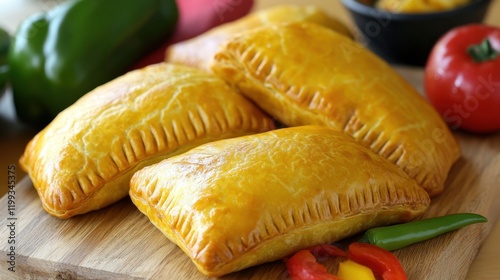 Golden brown jamaican patties with fresh bell peppers for culinary delight photo