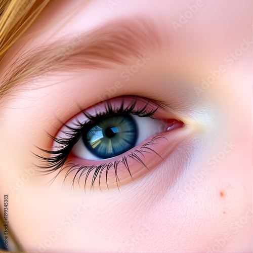 A close-up of a woman's blue eyes, adorned with long lashes and a smattering of freckles photo