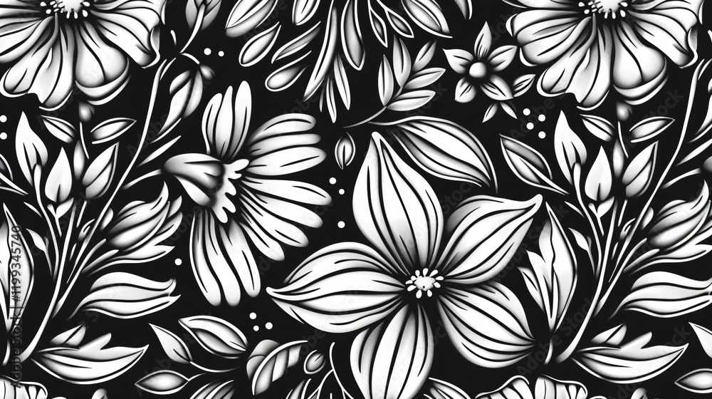 Elegant Hand Drawn Monochrome Floral Vector Pattern for Seamless Designs Elegant Hand Drawn Monochrome Floral Vector Pattern for Seamless Designs