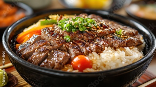 Delicious benihana inspired asian grilled beef bowl with vegetables and rice photo