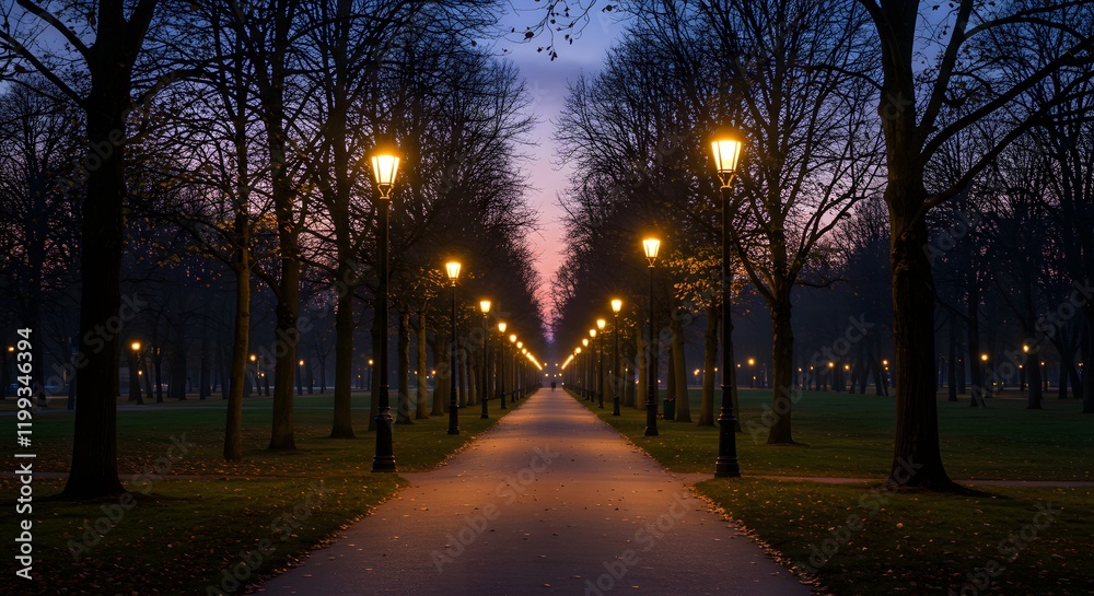 A beautifully lit pathway with glowing streetlights, lined by bare trees under a twilight sky, creating a peaceful and romantic ambiance. A beautifully lit pathway with glowing streetlights, lined by bare trees under a twilight sky, creating a peaceful and romantic ambiance.